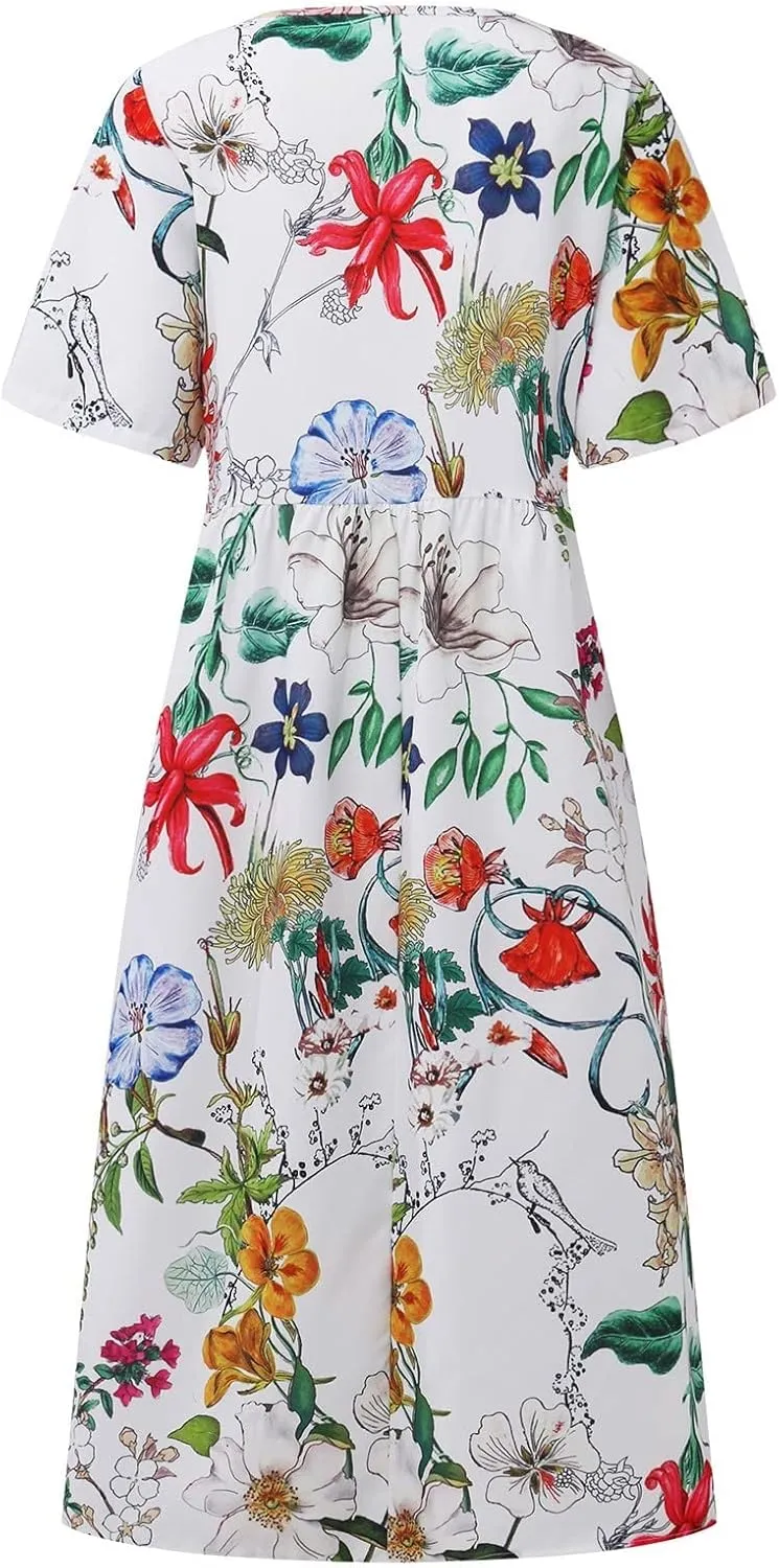 FlekmanArt Dresses for Women 2025 Short Sleeve Pocket Dresses Pleated Printed Beach Dress Round Neck Loose Maxi Dress