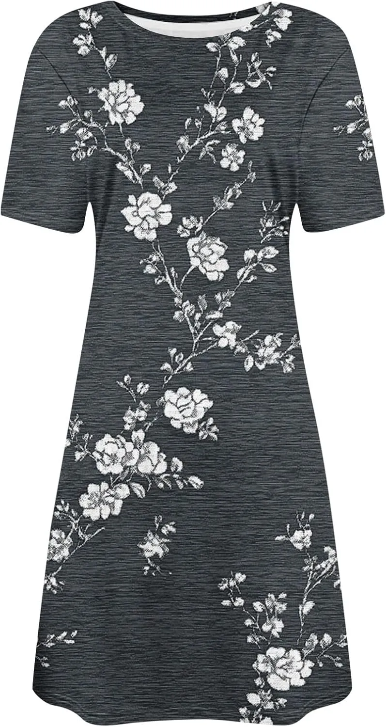 Floral Mini Dress for Women Summer Casual Short Sleeve V Neck Sundress with Pockets Lightweight Soft Dress