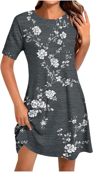 Floral Mini Dress for Women Summer Casual Short Sleeve V Neck Sundress with Pockets Lightweight Soft Dress