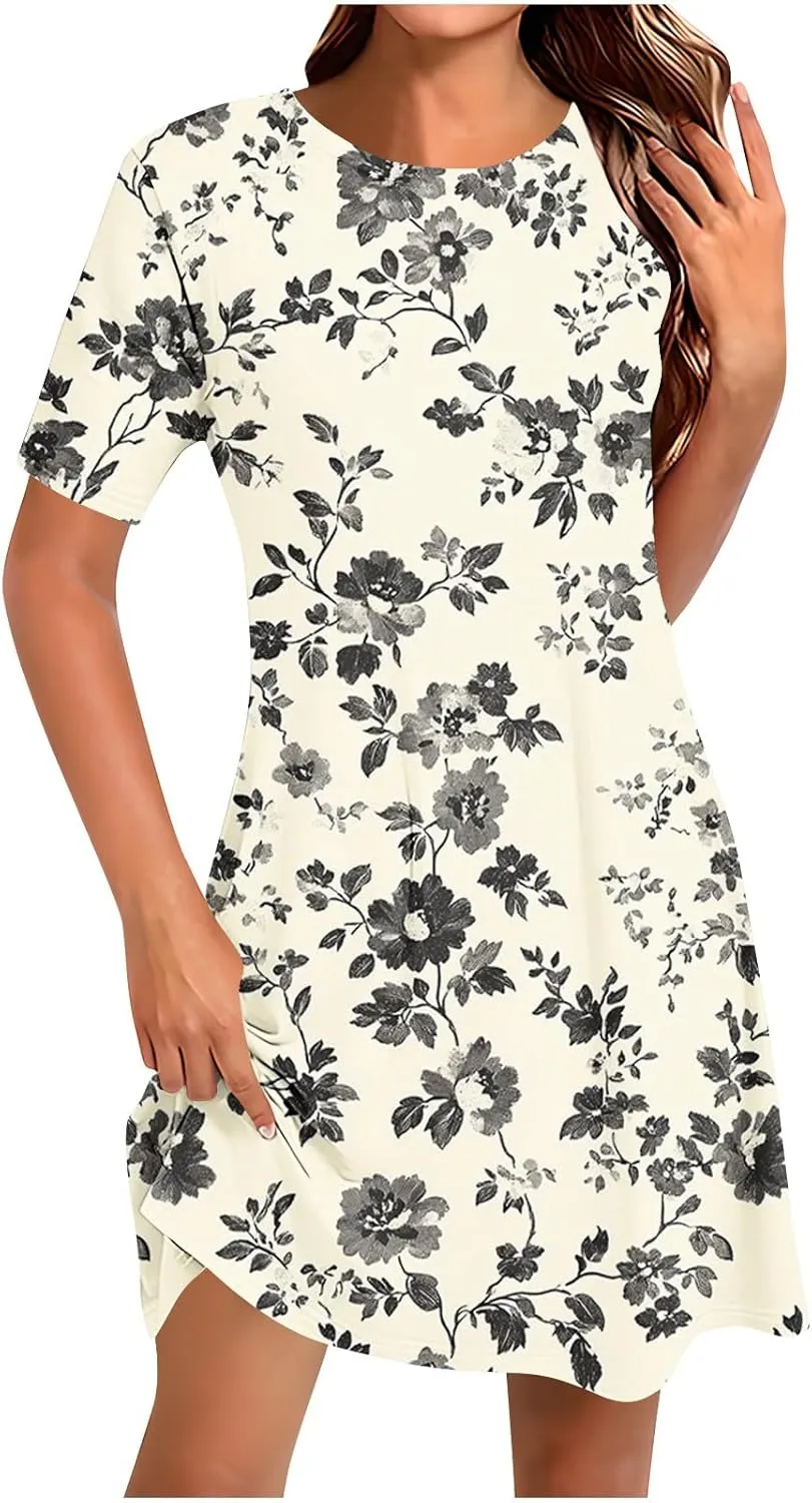 Floral Mini Dress for Women Summer Casual Short Sleeve V Neck Sundress with Pockets Lightweight Soft Dress