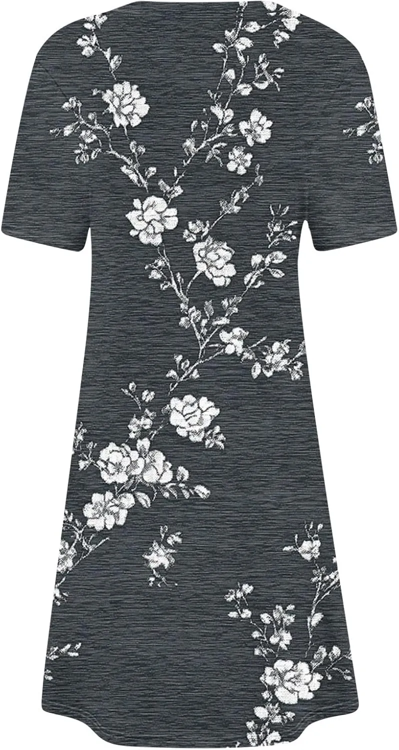 Floral Mini Dress for Women Summer Casual Short Sleeve V Neck Sundress with Pockets Lightweight Soft Dress