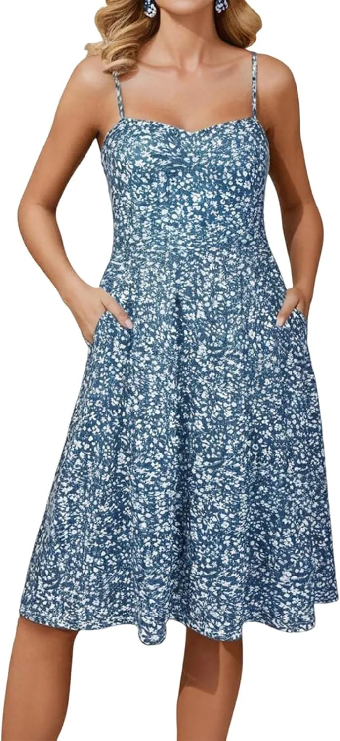 Floral Summer Dress for Women Vintage Casual Spaghetti Strap Knee Length Dress Beach Vacation Flowy Boho Sundress