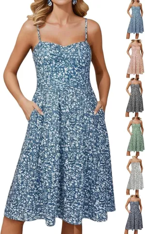 Floral Summer Dress for Women Vintage Casual Spaghetti Strap Knee Length Dress Beach Vacation Flowy Boho Sundress