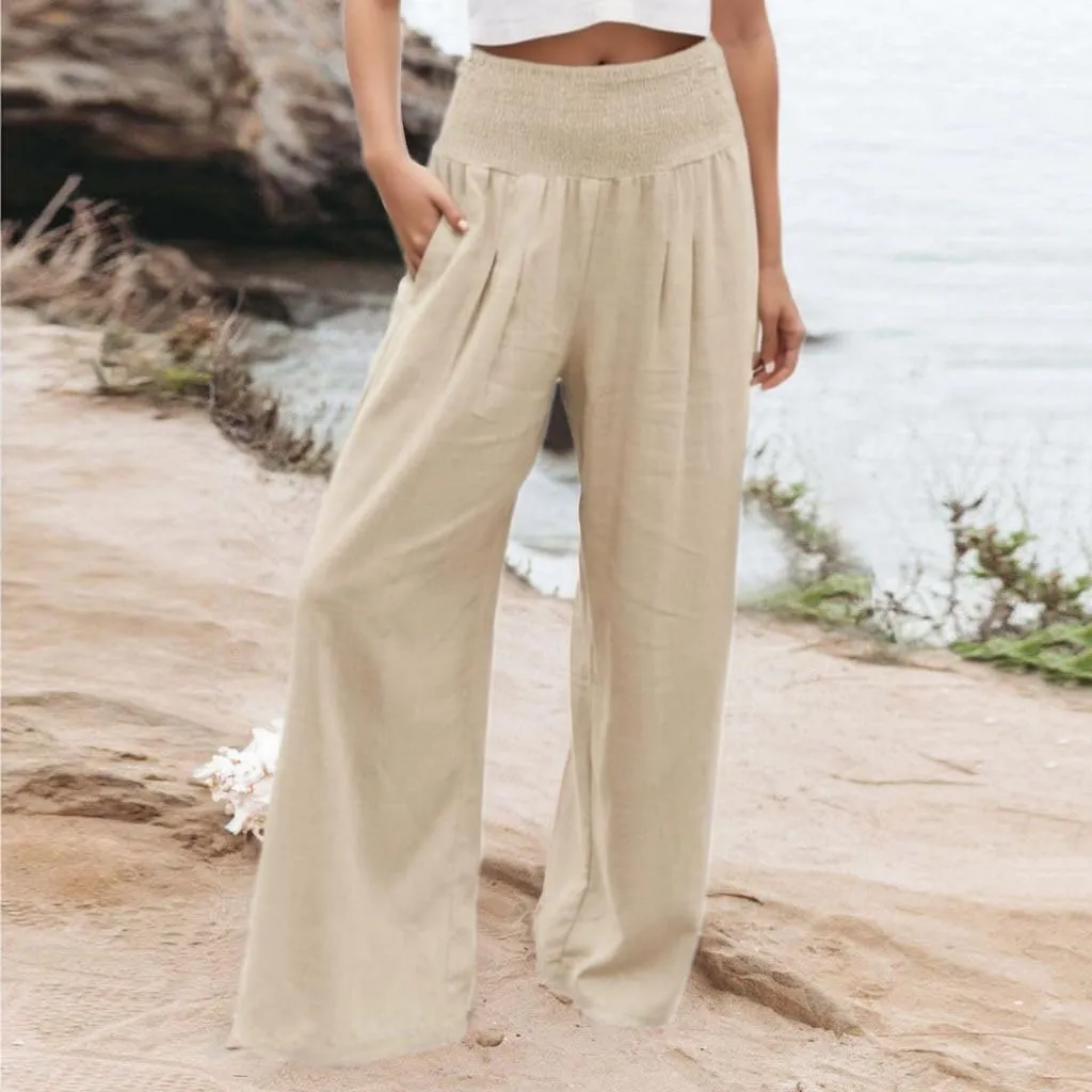 Flowy Pants for Women, Women Linen Pants Elastic High Waist Wide Leg Palazzo Lounge Trousers Casual Loose Beach Pants