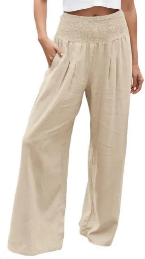 Flowy Pants for Women, Women Linen Pants Elastic High Waist Wide Leg Palazzo Lounge Trousers Casual Loose Beach Pants