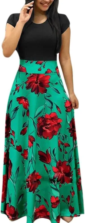 FQZWONG Women's Summer Casual Maxi Dress Blue Size Large High Waisted Flowy Prom Party Dress