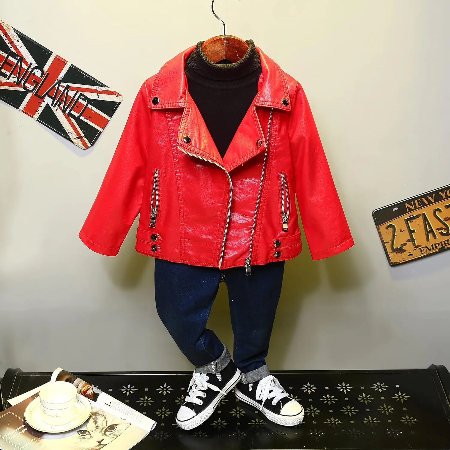 Girls Boys Biker Jacket Faux Leather Rivets Leather Motor Jacket For Kids 3-12Years