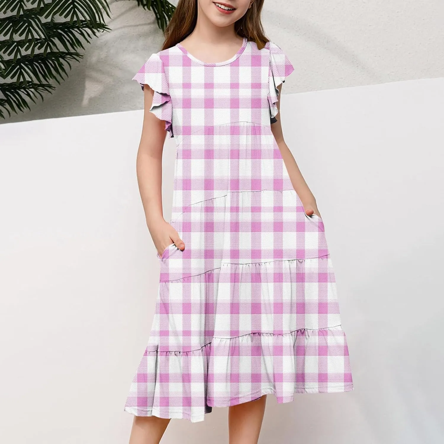Girls Dresses Summer Floral Print Ruffle Tiered Layers Flowy Swing Sundress Casual Short Sleeve A-Line Midi Dress