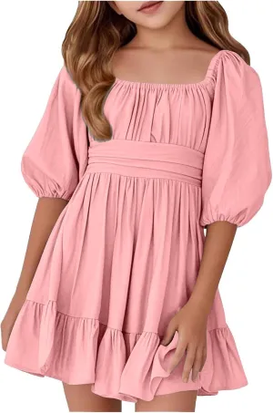 Girls Summer Dress Lantern Sleeve Bow Tie Backless Dresses Ruffle A Line Casual Dresses Tween Pleated Mini Dress