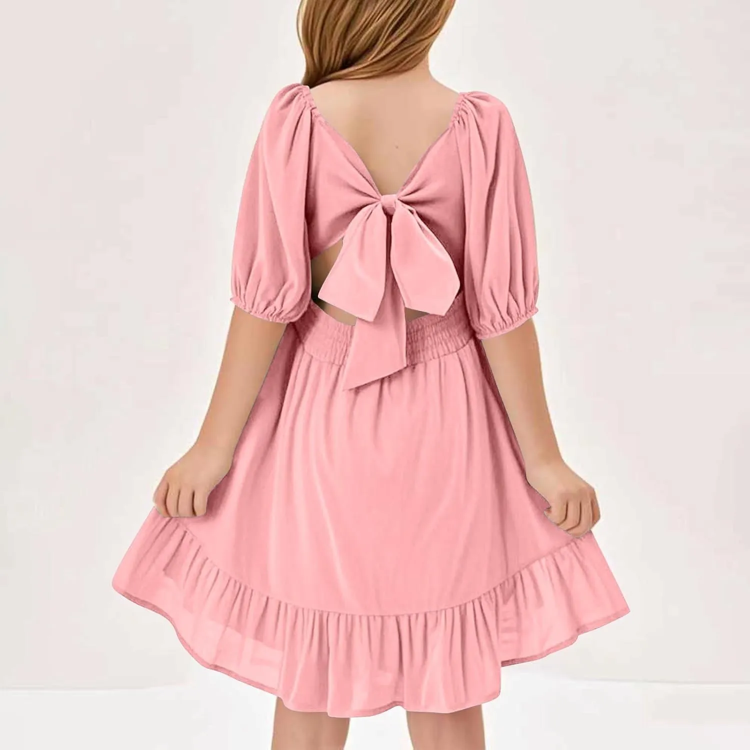 Girls Summer Dress Lantern Sleeve Bow Tie Backless Dresses Ruffle A Line Casual Dresses Tween Pleated Mini Dress