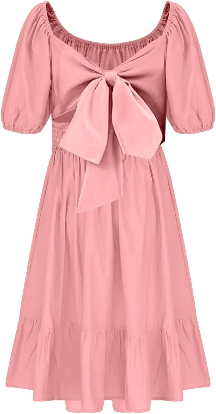Girls Summer Dress Lantern Sleeve Bow Tie Backless Dresses Ruffle A Line Casual Dresses Tween Pleated Mini Dress