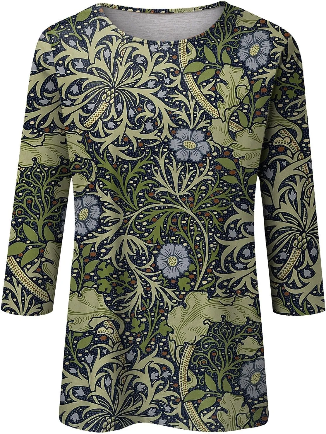 Going Out Tops for Women Floral Print Crewneck Blouses 3/4 Sleeve Baggy Tunic Tops Cute Loose Casual Pullover