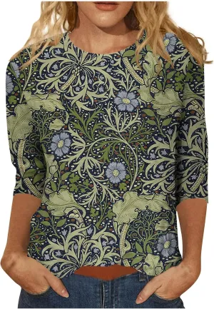 Going Out Tops for Women Floral Print Crewneck Blouses 3/4 Sleeve Baggy Tunic Tops Cute Loose Casual Pullover