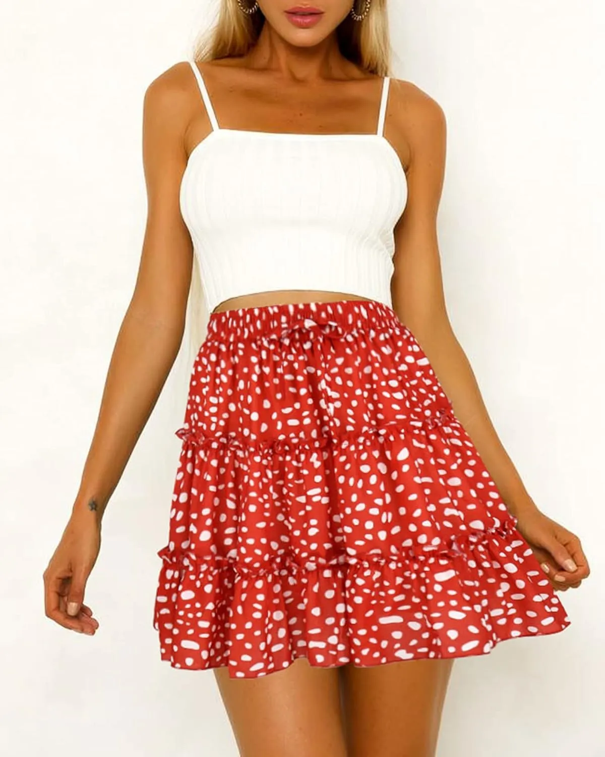 Hibluco Women' Floral Layered Ruffles Tie up High Waist Short Pleated Skirt