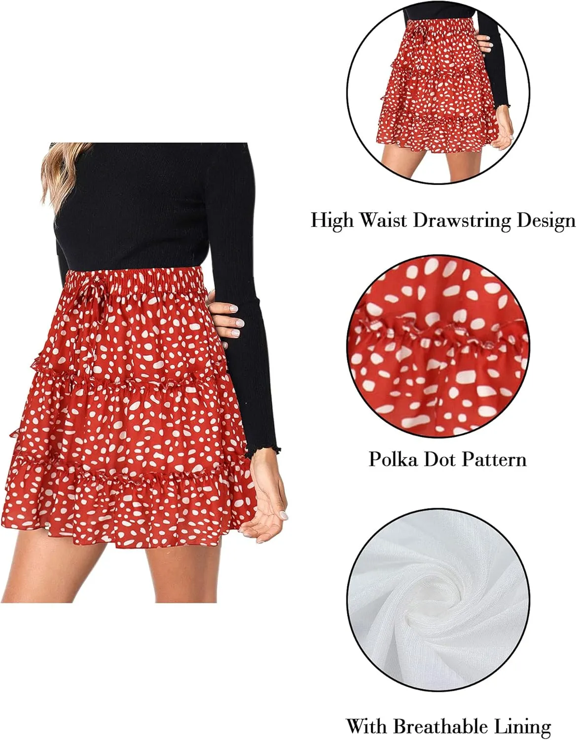 Hibluco Women' Floral Layered Ruffles Tie up High Waist Short Pleated Skirt