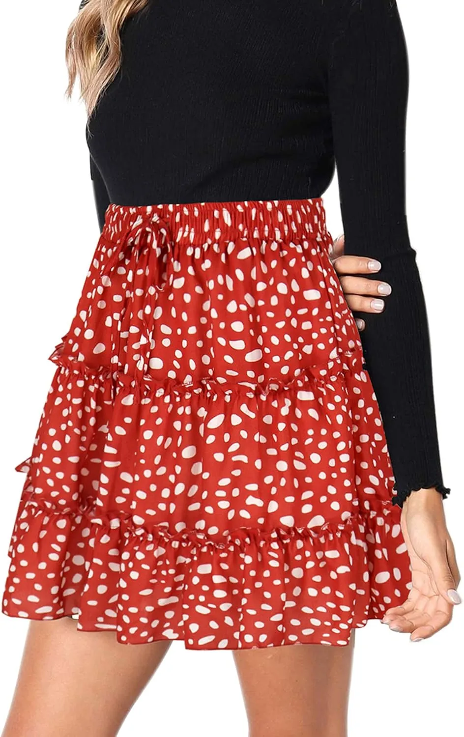 Hibluco Women' Floral Layered Ruffles Tie up High Waist Short Pleated Skirt