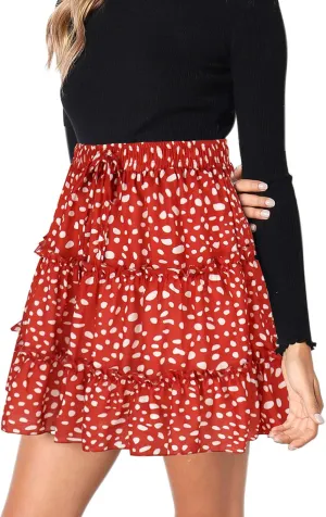 Hibluco Women' Floral Layered Ruffles Tie up High Waist Short Pleated Skirt