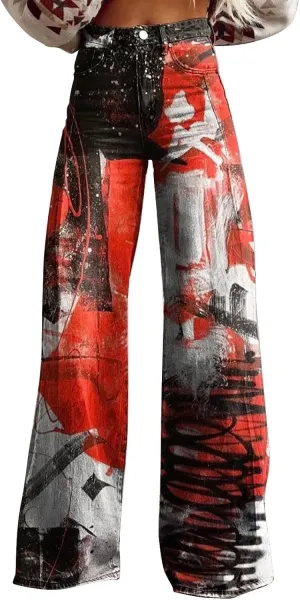 High Waist Long Straight Hippie Pants Women Classic Loose Fit Pants Pattern Print Pants Comfortable Wide Leg Trousers