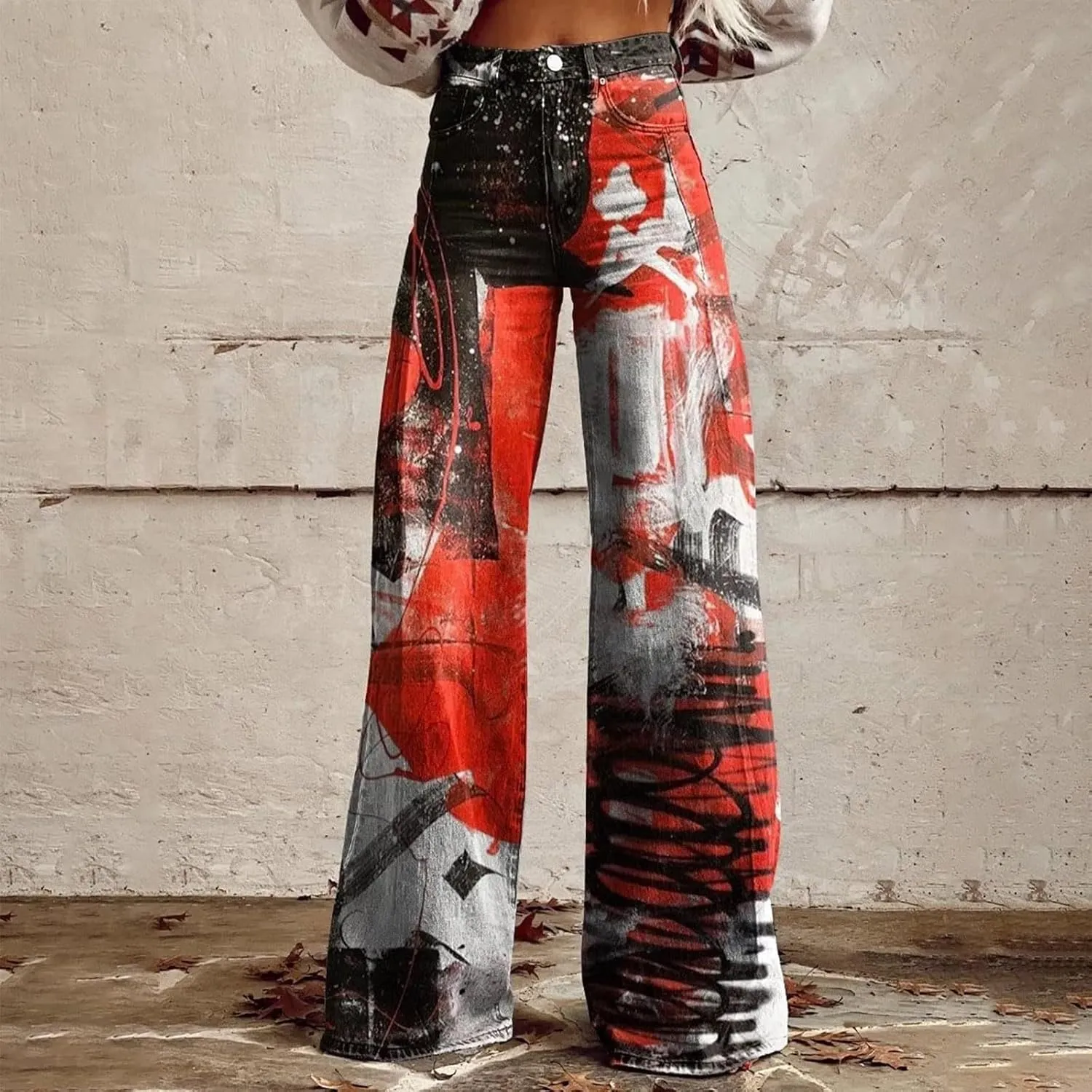 High Waist Long Straight Hippie Pants Women Classic Loose Fit Pants Pattern Print Pants Comfortable Wide Leg Trousers