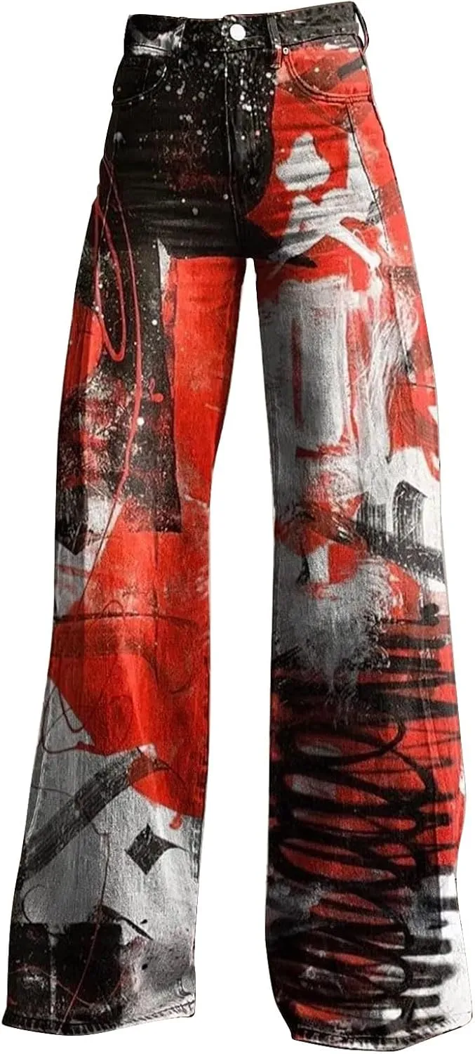 High Waist Long Straight Hippie Pants Women Classic Loose Fit Pants Pattern Print Pants Comfortable Wide Leg Trousers