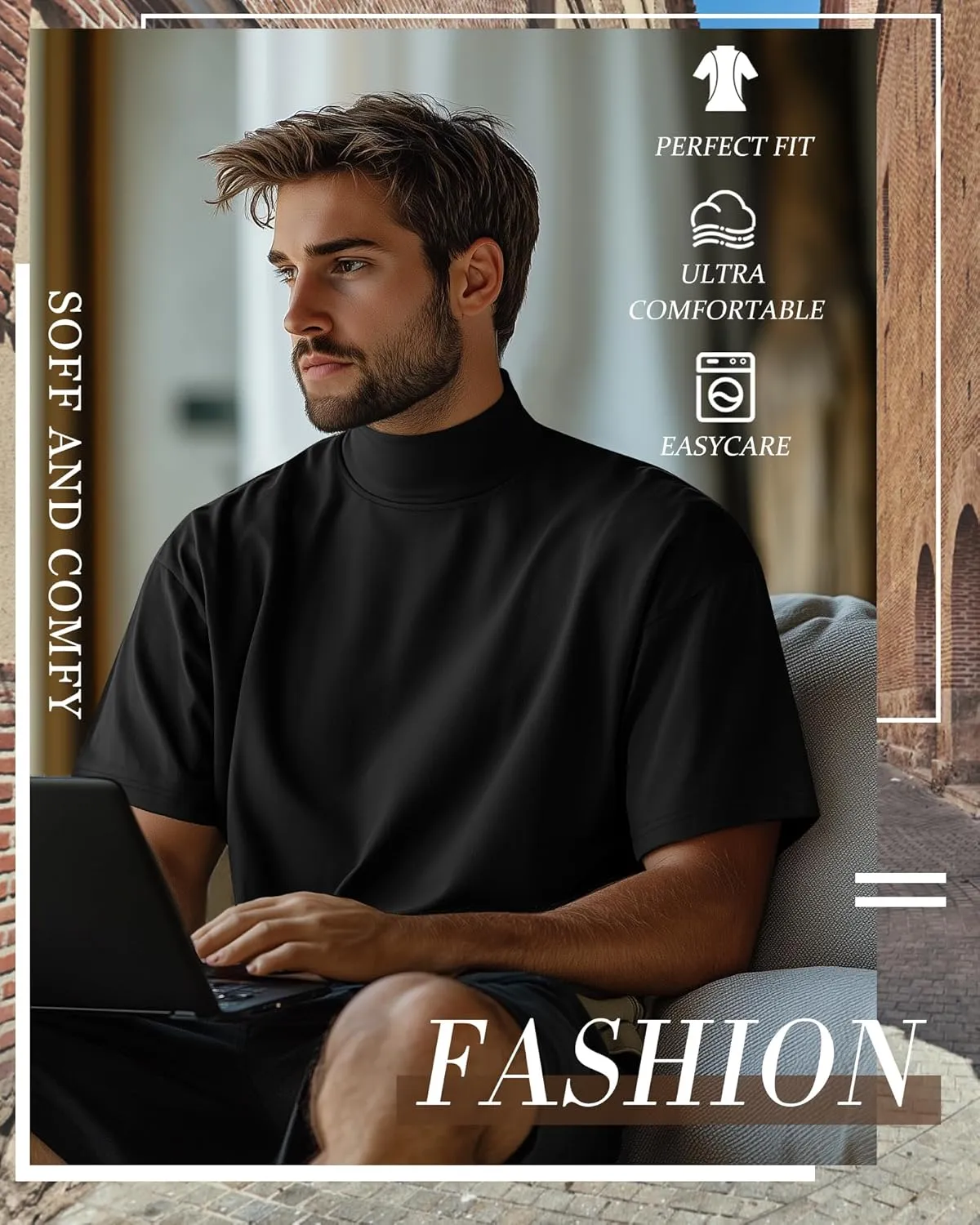 Huukeay 3 Pack Men's Big and Tall Turtleneck Shirt, Cotton Short Sleeve Mock Neck Tops Loose Fit Basic Casual Undershirt Tee