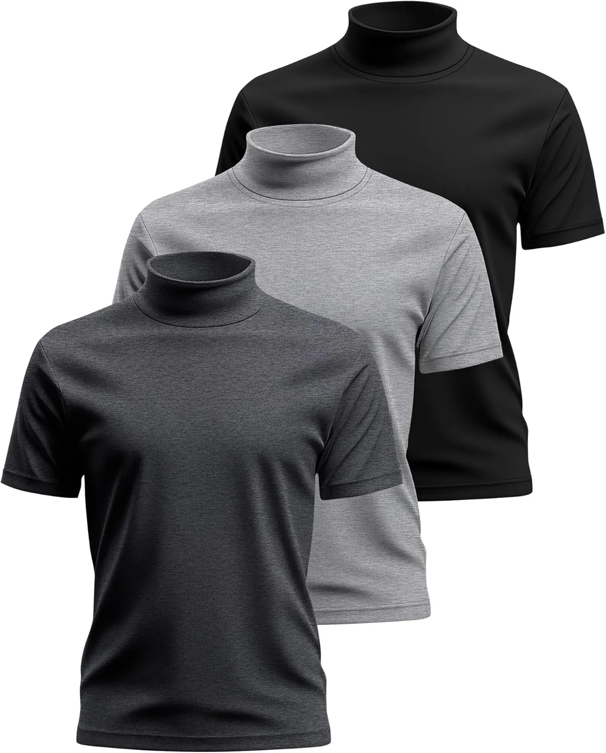 Huukeay 3 Pack Men's Big and Tall Turtleneck Shirt, Cotton Short Sleeve Mock Neck Tops Loose Fit Basic Casual Undershirt Tee
