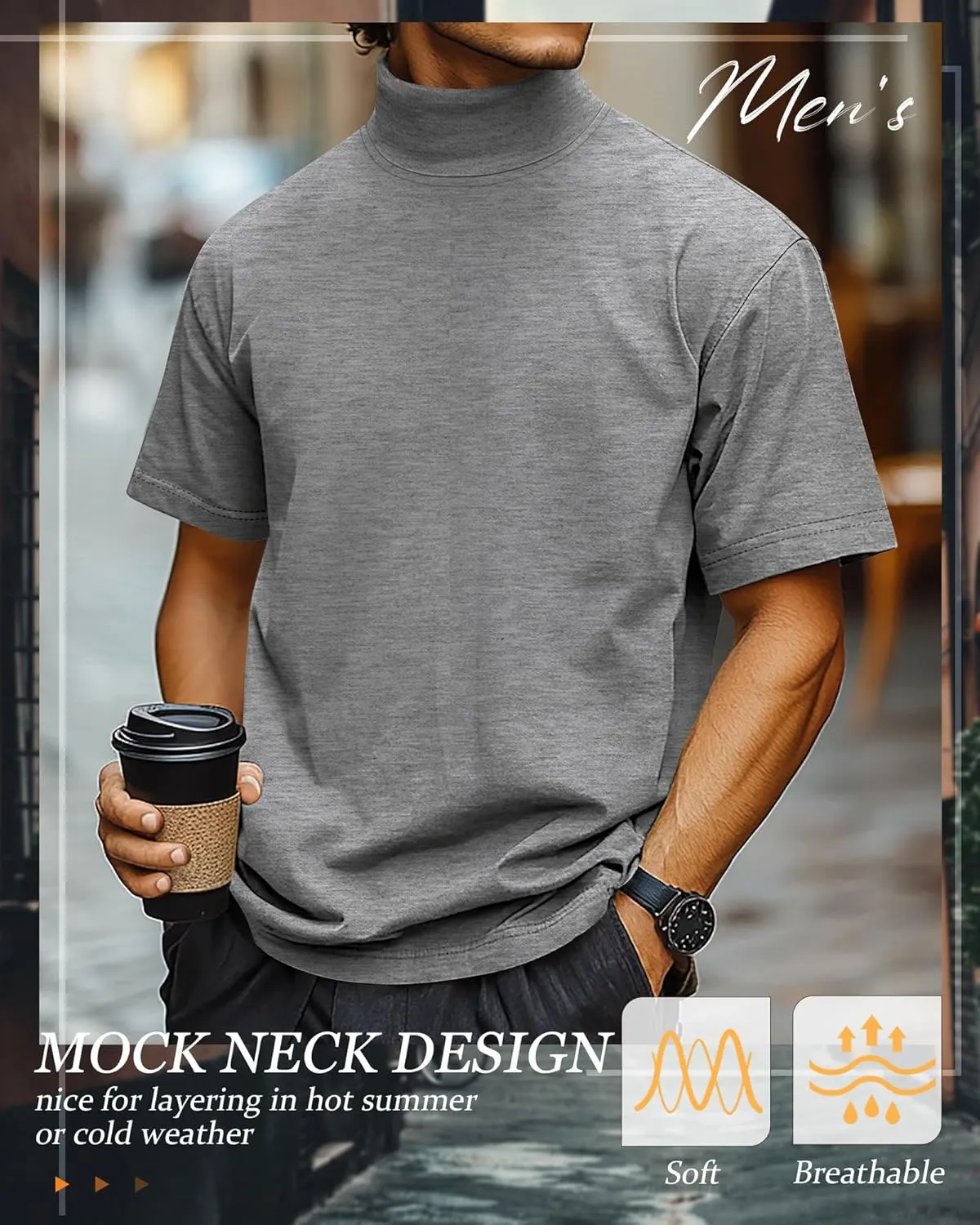 Huukeay 3 Pack Men's Big and Tall Turtleneck Shirt, Cotton Short Sleeve Mock Neck Tops Loose Fit Basic Casual Undershirt Tee