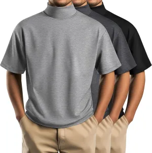 Huukeay 3 Pack Men's Big and Tall Turtleneck Shirt, Cotton Short Sleeve Mock Neck Tops Loose Fit Basic Casual Undershirt Tee