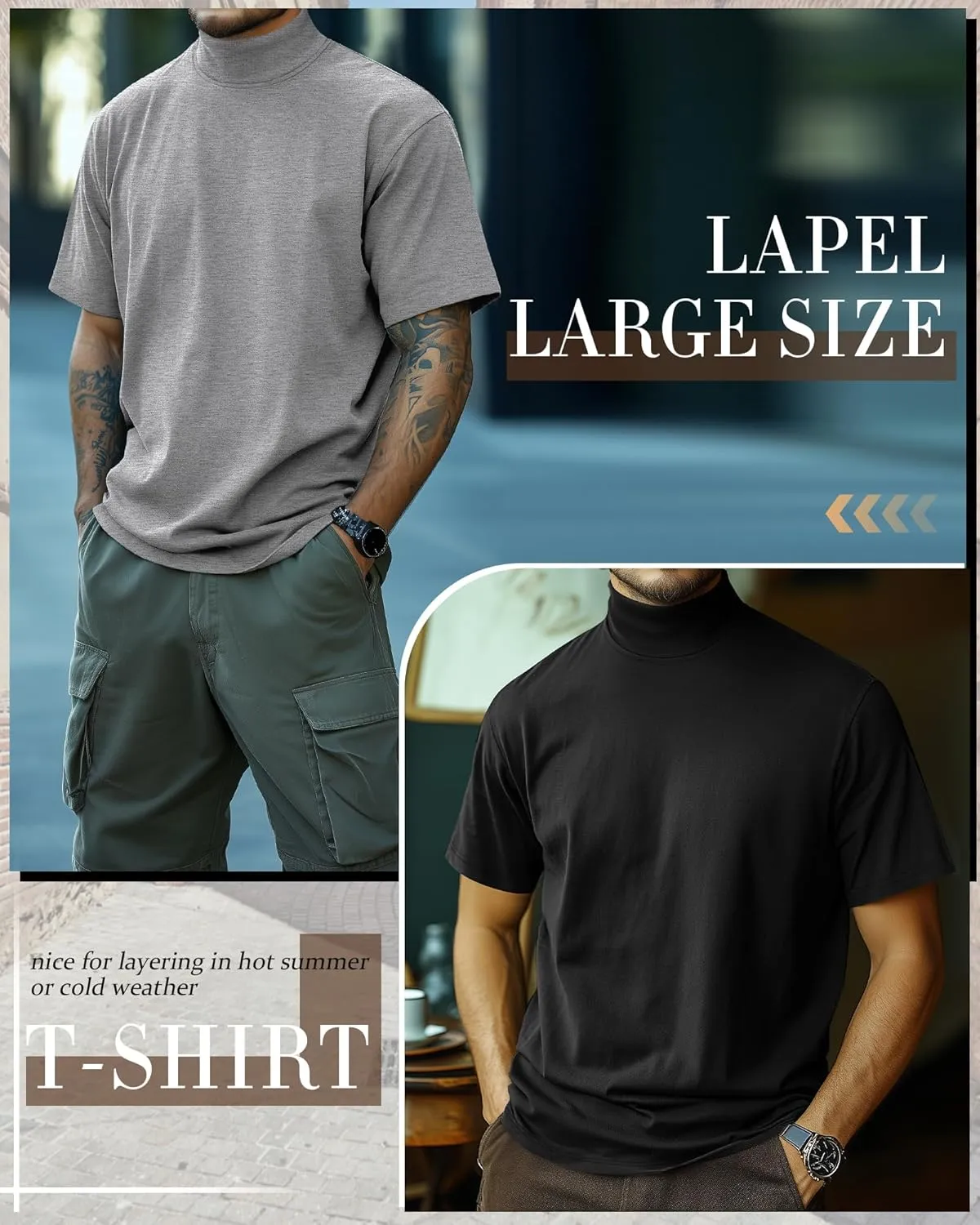 Huukeay 3 Pack Men's Big and Tall Turtleneck Shirt, Cotton Short Sleeve Mock Neck Tops Loose Fit Basic Casual Undershirt Tee