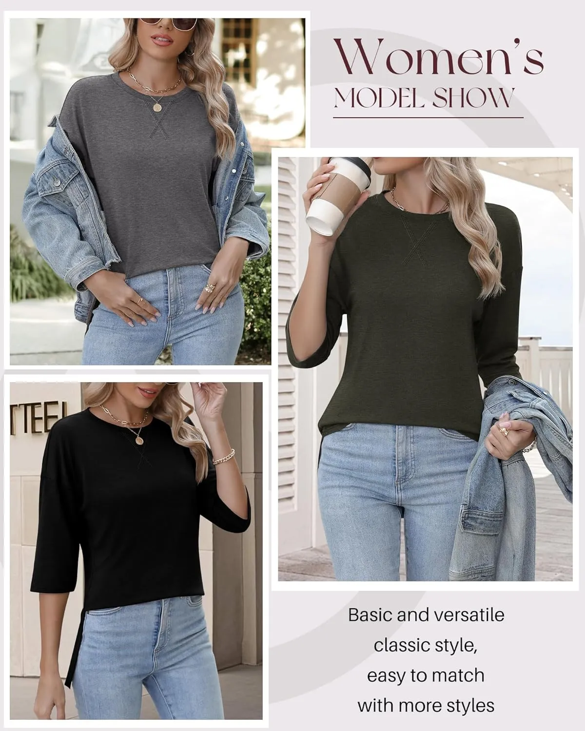 Huukeay 3 Pack Women's 3/4 Sleeve Cotton Tunic Tops Side Slit Loose Fit Round Neck Tee Shirt Casual Basic Blouse for Leggings
