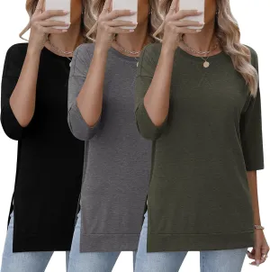 Huukeay 3 Pack Women's 3/4 Sleeve Cotton Tunic Tops Side Slit Loose Fit Round Neck Tee Shirt Casual Basic Blouse for Leggings