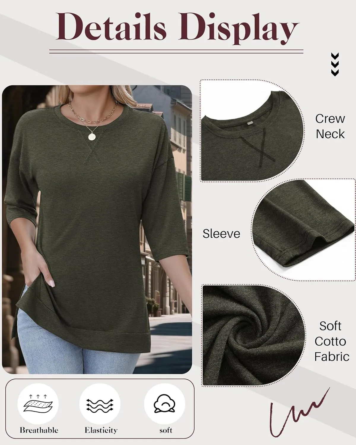 Huukeay 3 Pack Women's 3/4 Sleeve Cotton Tunic Tops Side Slit Loose Fit Round Neck Tee Shirt Casual Basic Blouse for Leggings