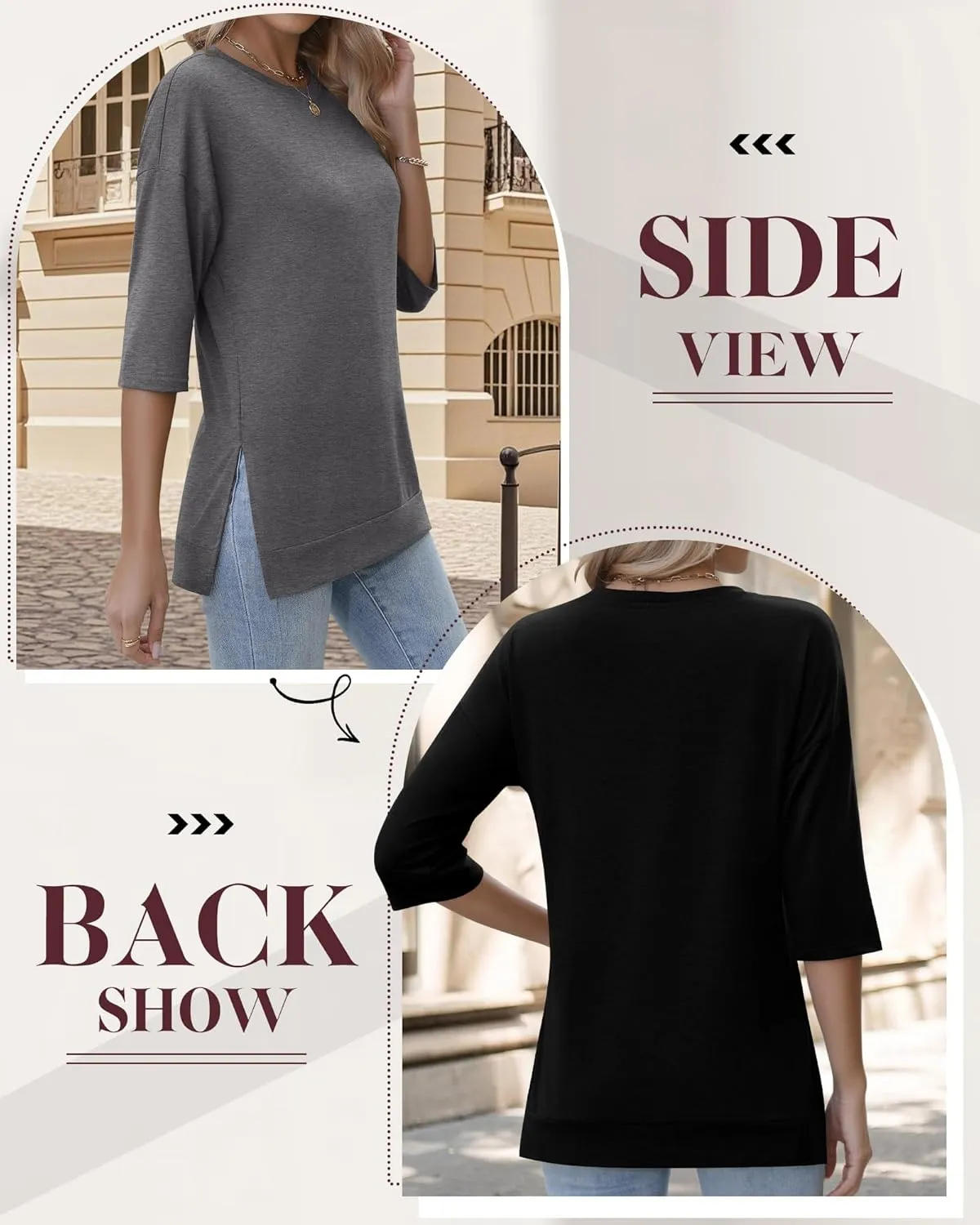 Huukeay 3 Pack Women's 3/4 Sleeve Cotton Tunic Tops Side Slit Loose Fit Round Neck Tee Shirt Casual Basic Blouse for Leggings