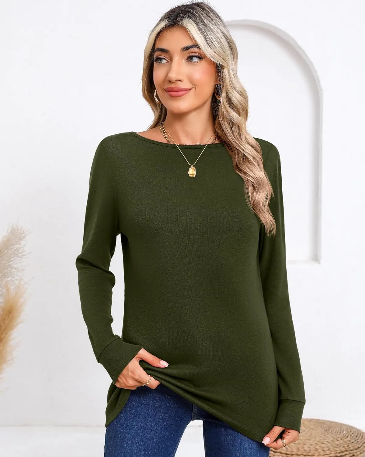 Huukeay 3 Pack Women's Long Sleeve Shirts Cotton Boat Neck Tee Basic Casual Tunic Top Loose Fit Outfits Clothes with Leggings