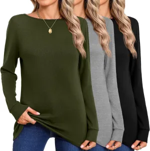 Huukeay 3 Pack Women's Long Sleeve Shirts Cotton Boat Neck Tee Basic Casual Tunic Top Loose Fit Outfits Clothes with Leggings