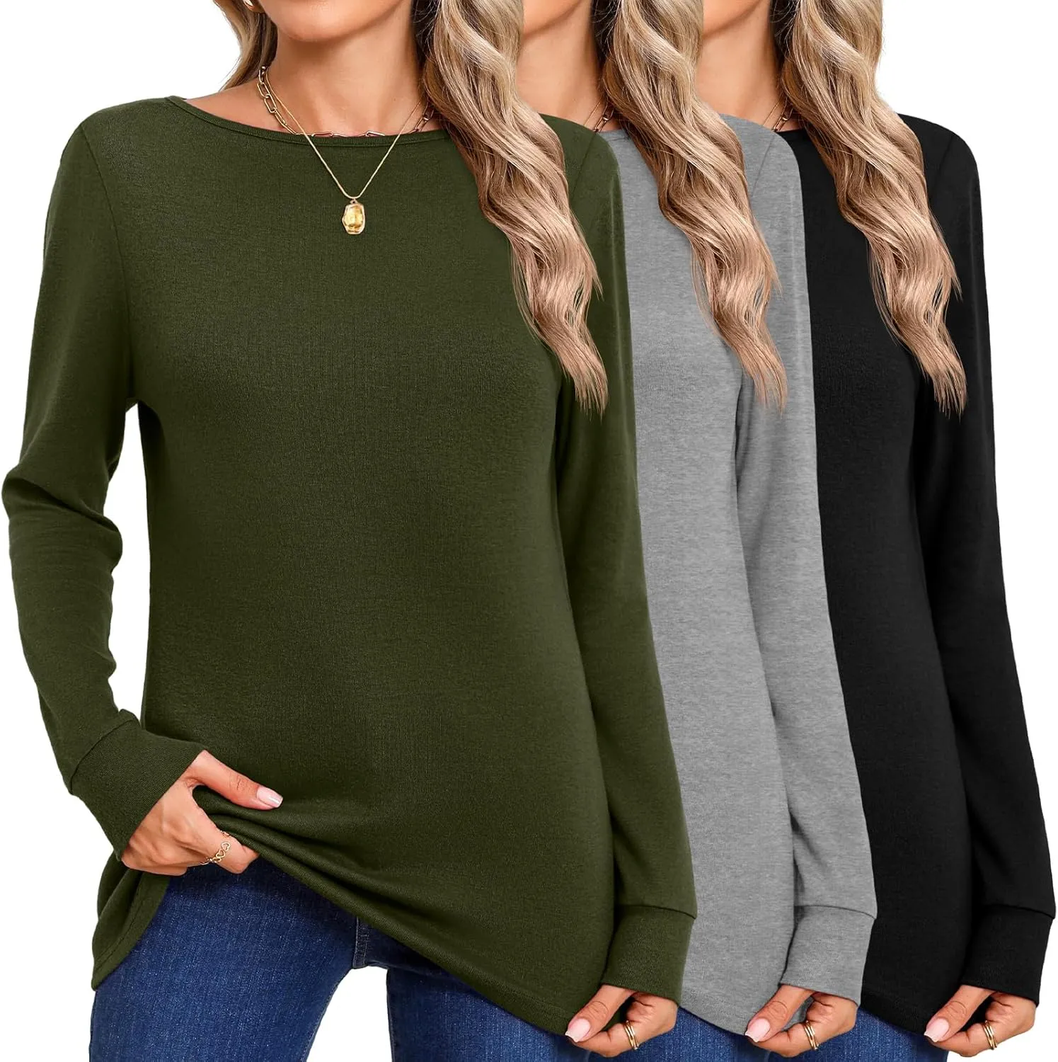 Huukeay 3 Pack Women's Long Sleeve Shirts Cotton Boat Neck Tee Basic Casual Tunic Top Loose Fit Outfits Clothes with Leggings
