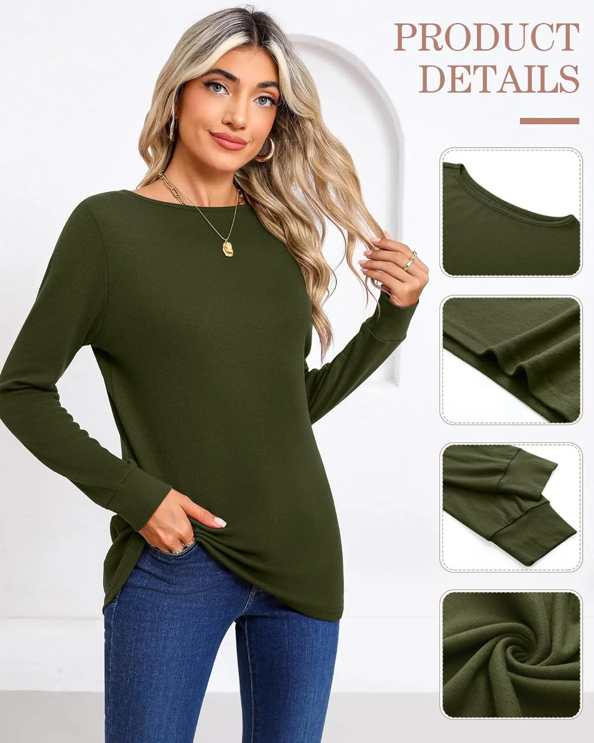 Huukeay 3 Pack Women's Long Sleeve Shirts Cotton Boat Neck Tee Basic Casual Tunic Top Loose Fit Outfits Clothes with Leggings