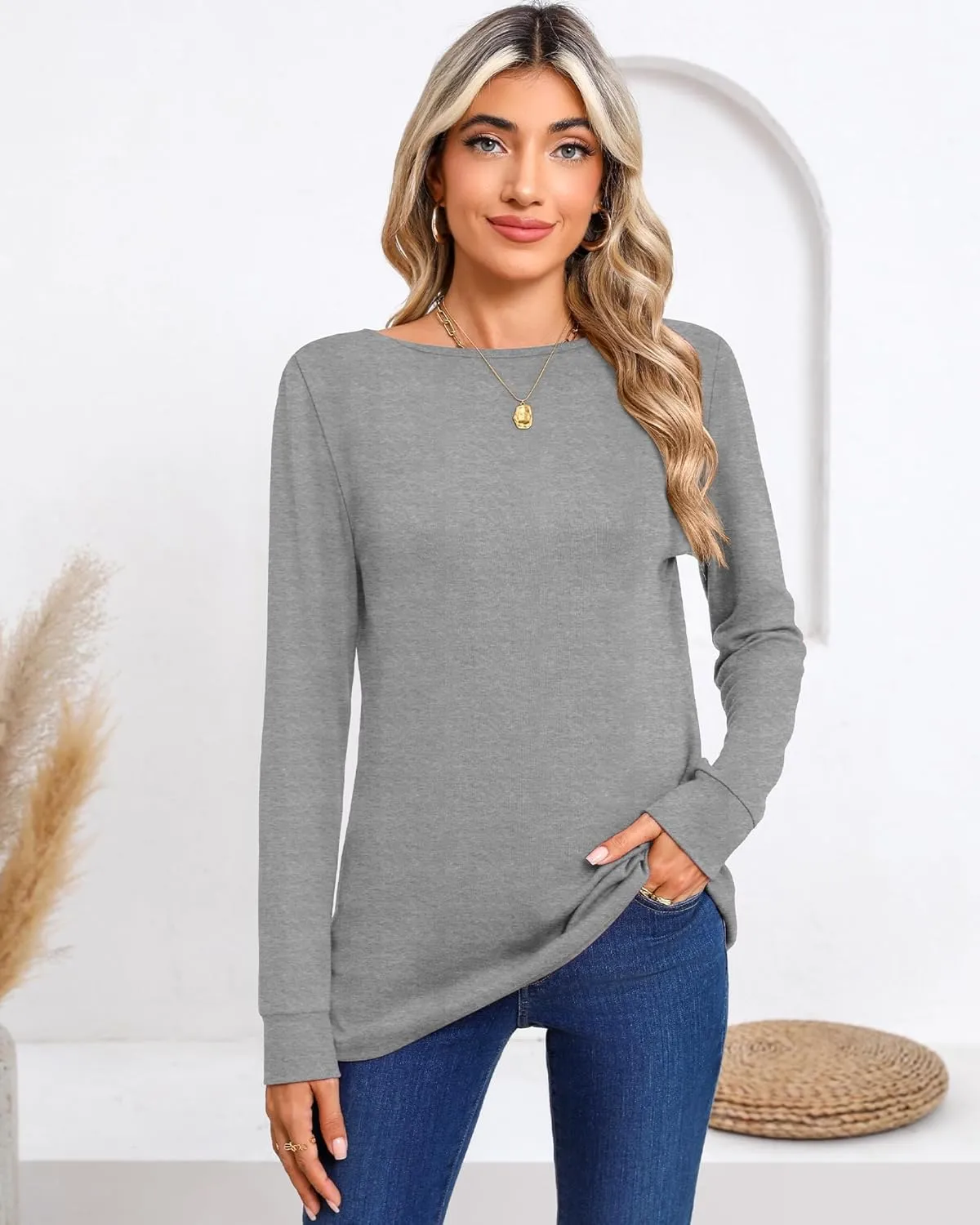 Huukeay 3 Pack Women's Long Sleeve Shirts Cotton Boat Neck Tee Basic Casual Tunic Top Loose Fit Outfits Clothes with Leggings