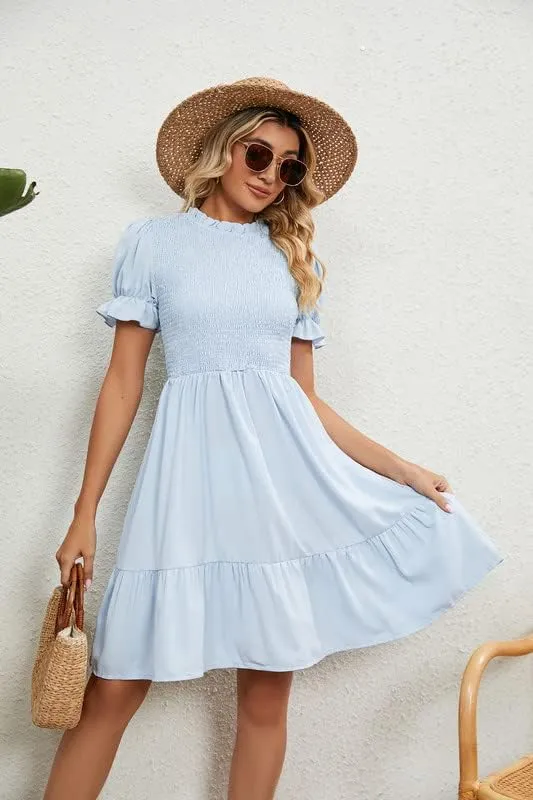 iceKiss Women Mini Dress Crewneck Smocking Casual Summer Dress Short Sleeves Ruffle Cocktail Dress