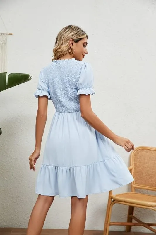 iceKiss Women Mini Dress Crewneck Smocking Casual Summer Dress Short Sleeves Ruffle Cocktail Dress