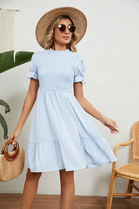 iceKiss Women Mini Dress Crewneck Smocking Casual Summer Dress Short Sleeves Ruffle Cocktail Dress