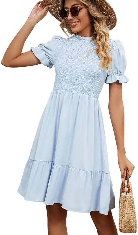 iceKiss Women Mini Dress Crewneck Smocking Casual Summer Dress Short Sleeves Ruffle Cocktail Dress