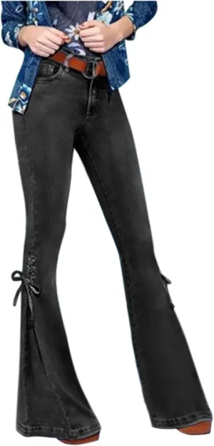 Jeans for Women Fashion High Waist Loose Lace-Up Flared Denim Pants Stretch Slim Bell Jeans Trousers with Pockets