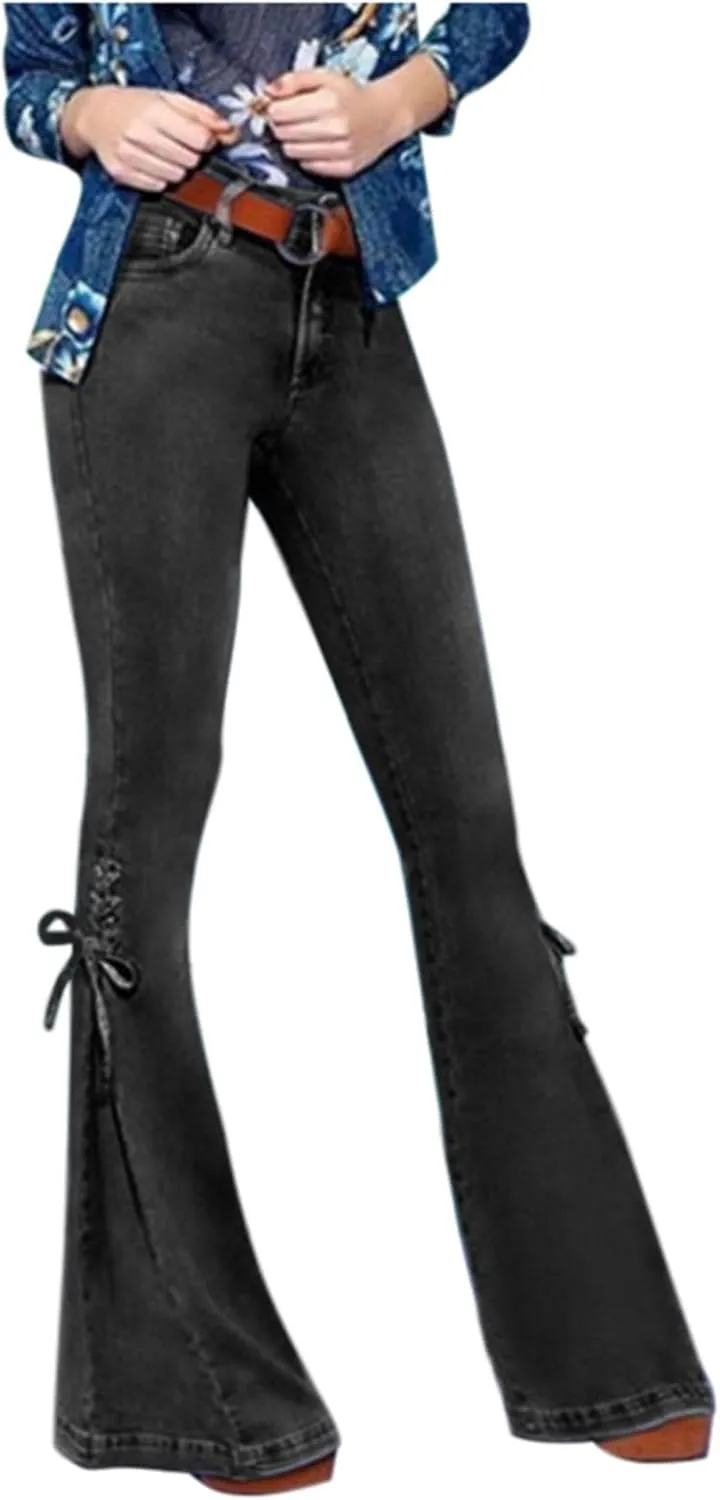 Jeans for Women Fashion High Waist Loose Lace-Up Flared Denim Pants Stretch Slim Bell Jeans Trousers with Pockets
