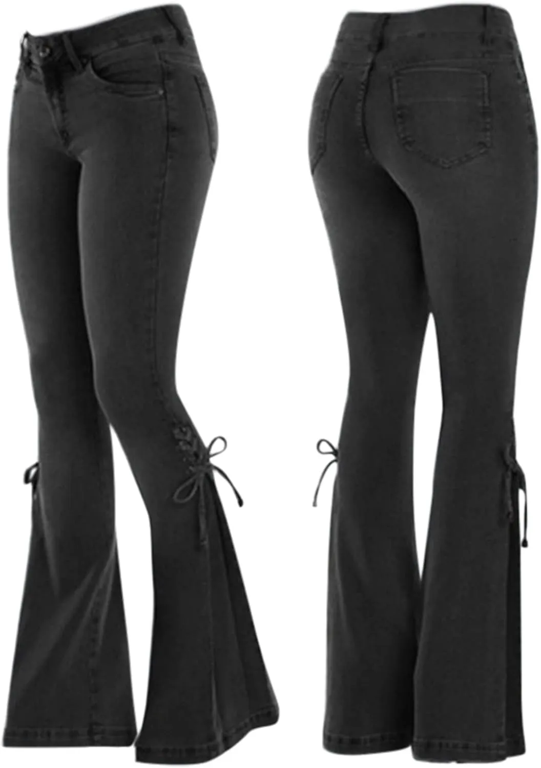 Jeans for Women Fashion High Waist Loose Lace-Up Flared Denim Pants Stretch Slim Bell Jeans Trousers with Pockets