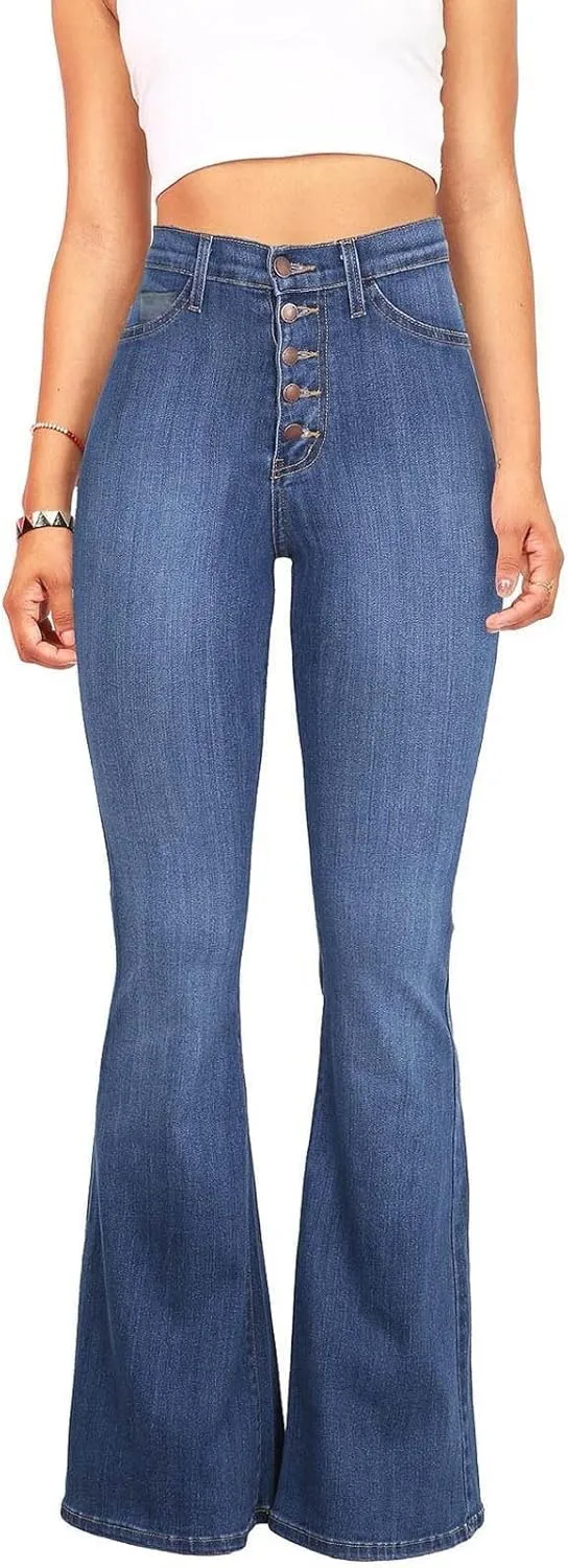 Jeans for Women Sexy High-Waist Button Wide-Legged Casual Denim Pants Classic Skinny Elastic Flared Trousers Jeans