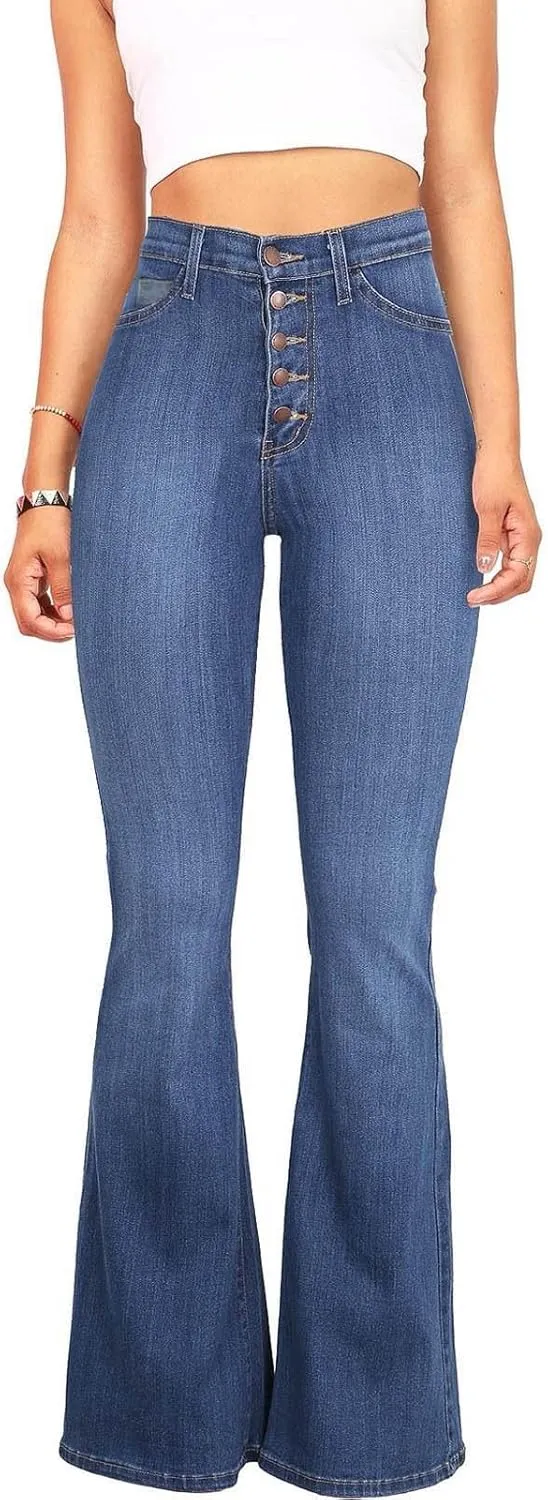 Jeans for Women Sexy High-Waist Button Wide-Legged Casual Denim Pants Classic Skinny Elastic Flared Trousers Jeans