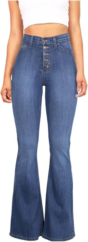Jeans for Women Sexy High-Waist Button Wide-Legged Casual Denim Pants Classic Skinny Elastic Flared Trousers Jeans