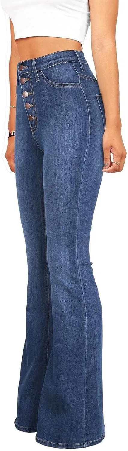 Jeans for Women Sexy High-Waist Button Wide-Legged Casual Denim Pants Classic Skinny Elastic Flared Trousers Jeans