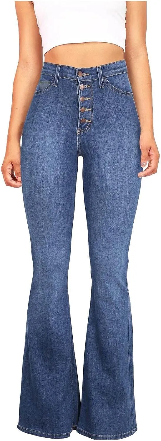 Jeans for Women Sexy High-Waist Button Wide-Legged Casual Denim Pants Classic Skinny Elastic Flared Trousers Jeans